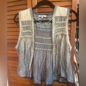 Miss Me Blue Embroidered Denim-Look Vest